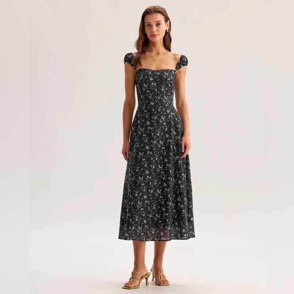 RIHOAS Black Floral Sweetheart Neck Midi Dress L - Picture 1 of 6